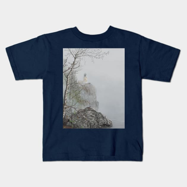 North Shore Lighthouse in the Fog Kids T-Shirt by Northofthepines